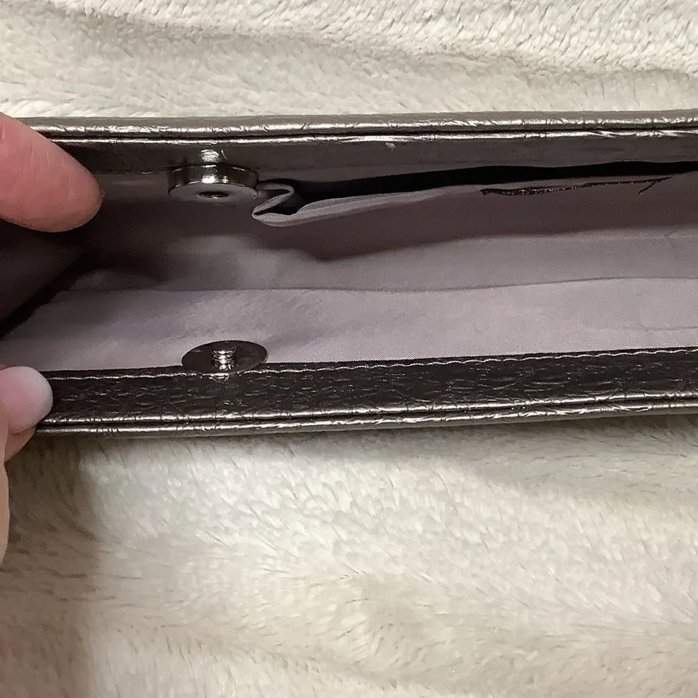 Bijoux Terner Grey gray metallic evening clutch with snap closures very clean